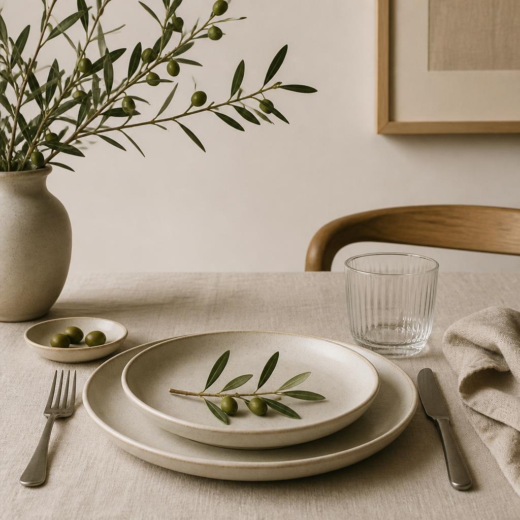 Minimalist indoor table setting with ceramic plates and olive branches