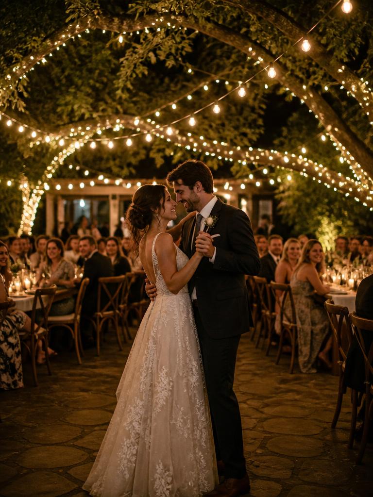 Warm outdoor wedding reception under a canopy of trees and fairy lights